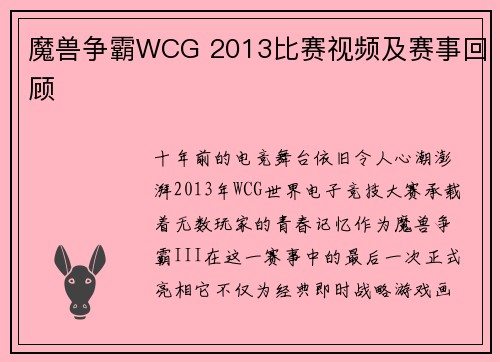 魔兽争霸WCG 2013比赛视频及赛事回顾